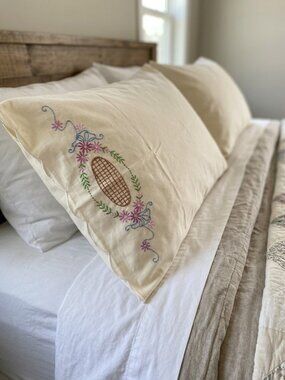 Vintage Embroidered Flowers and Basket Pillowcase